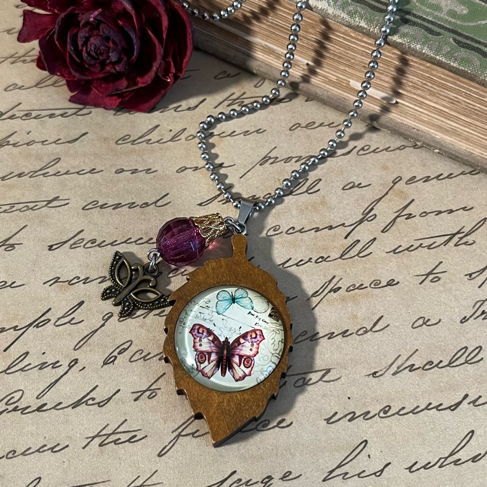 Handmade Wooden Leaf Butterfly Pendant Charm Necklace